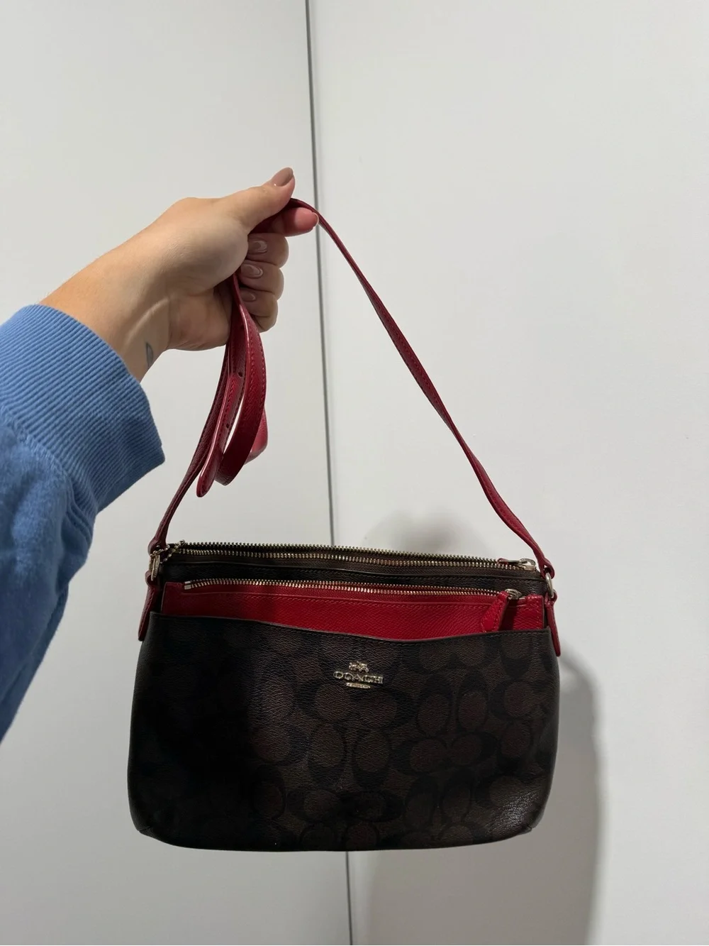 Coach Brown Monogram Shoulder Bag with Red Trim